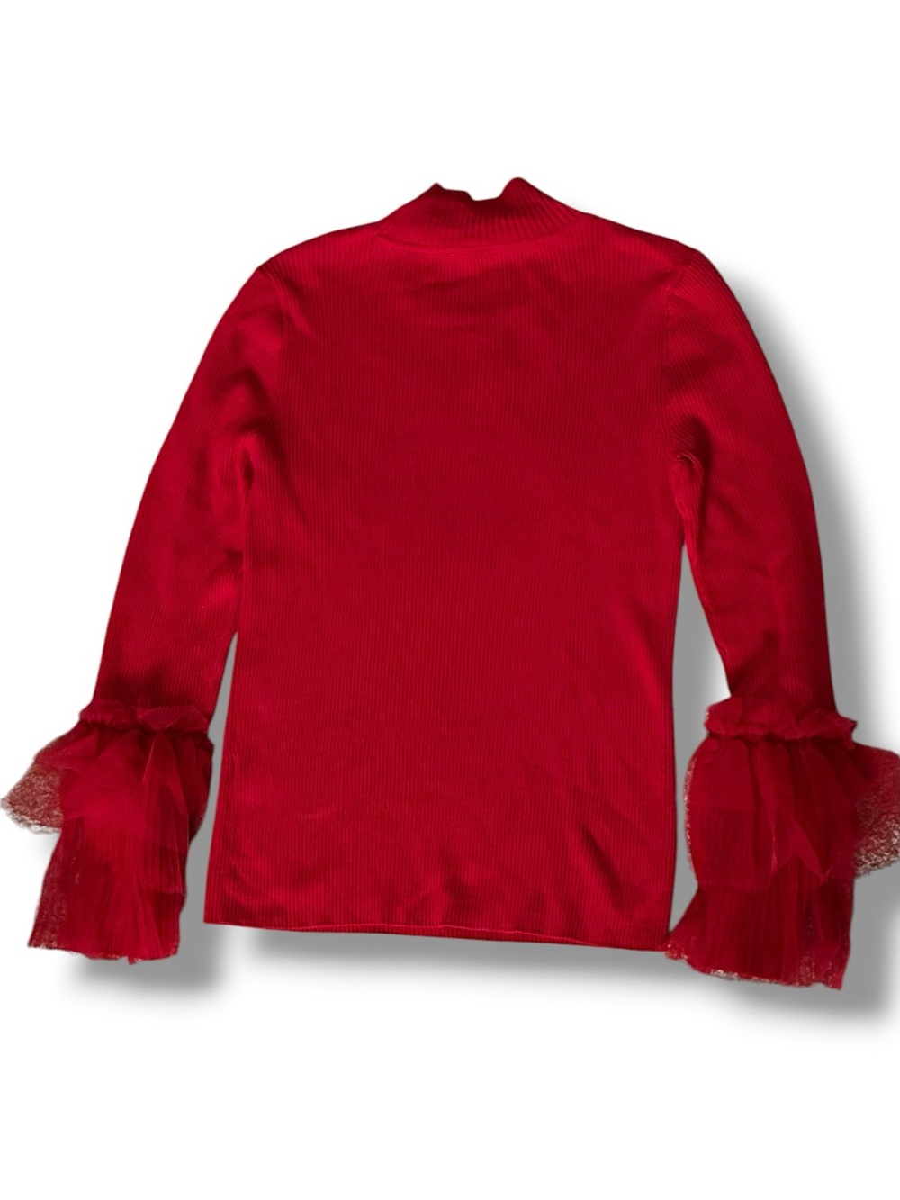 Vince Camuto Red Ribbed Knit Mock Neck Tulle Ruffle Sleeve Sweater NWT Size : S - Picture 3 of 11